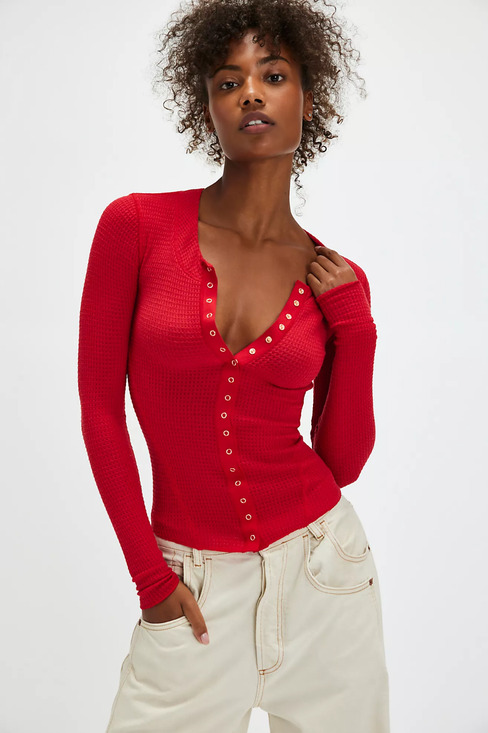 Free People Sweaters - NEW Free People Going Places Red Button Up Slim Waflle Knit Cardigan Top Size L